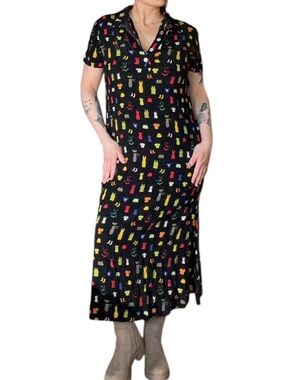 Navy Short Sleeve Tie-Waist Dress With Cute Fits on the Pattern
